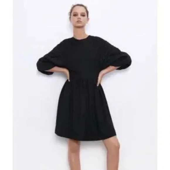 Zara Black Mini Dress 3/4 slight Puff Sleeves in black size Small - Picture 2 of 9